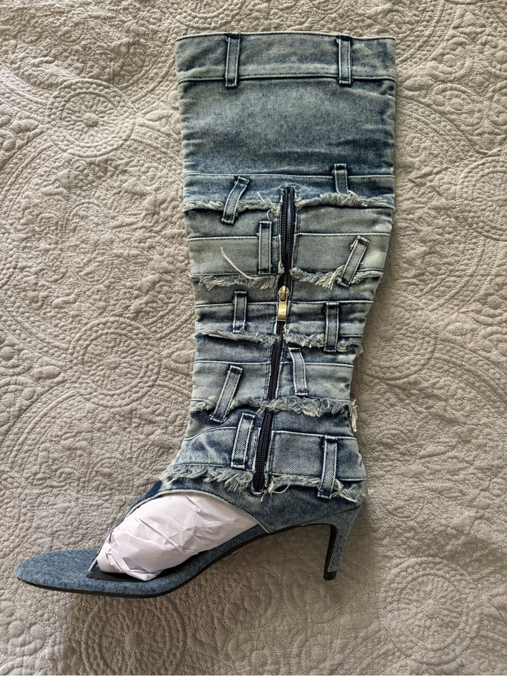 AKIRA Denim Blue Knee-High Stiletto Sandal Boots